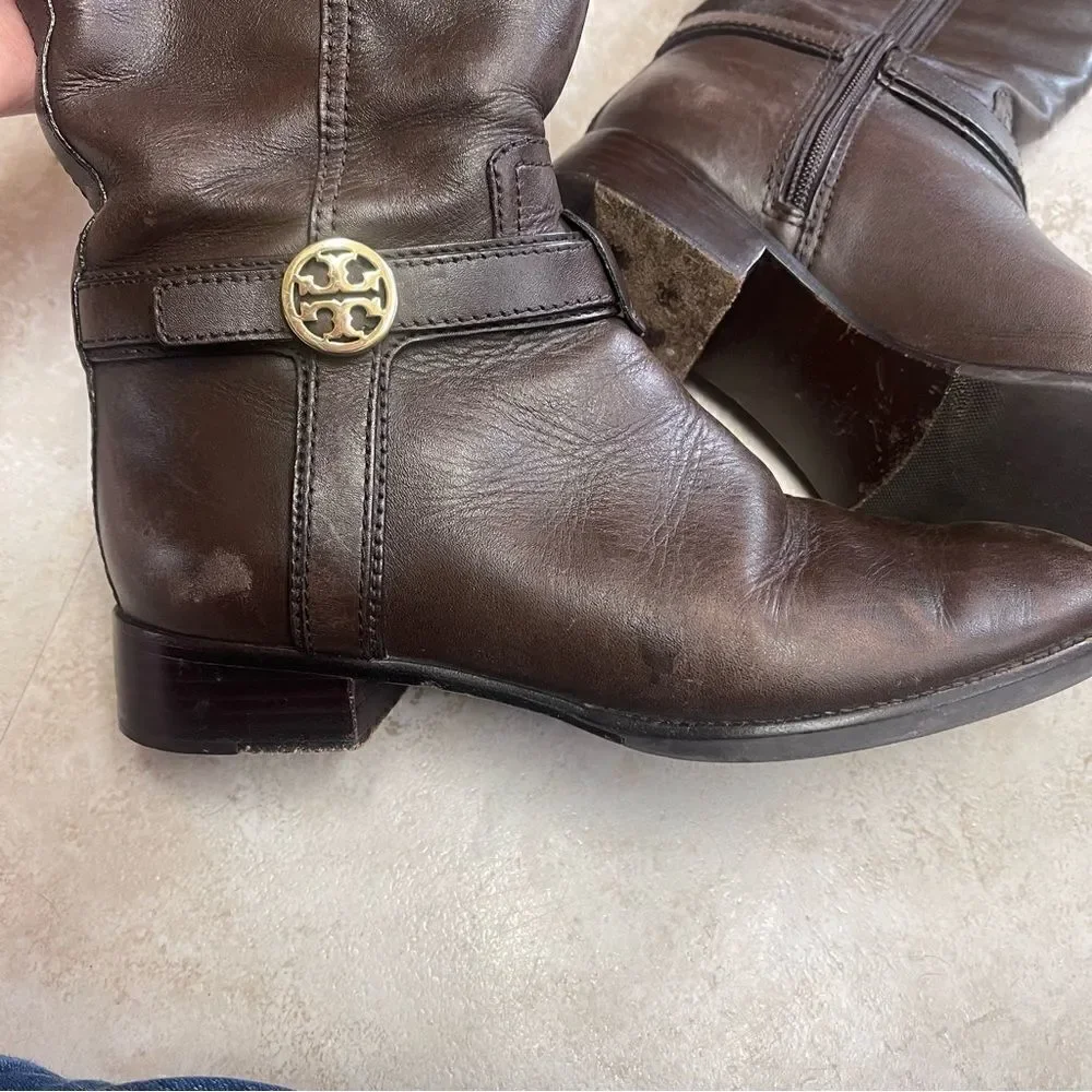 Tory Burch- Brown Bristol Leather Riding Boot with Gold Hardware, Sz 6.5